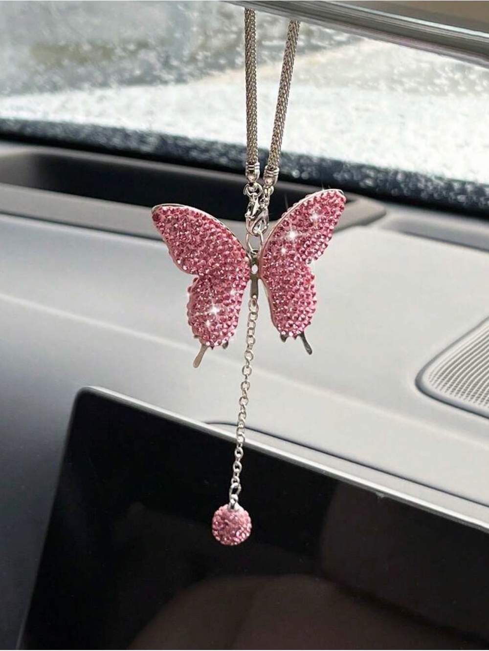 Pink Crystal Butterfly Car Pendant